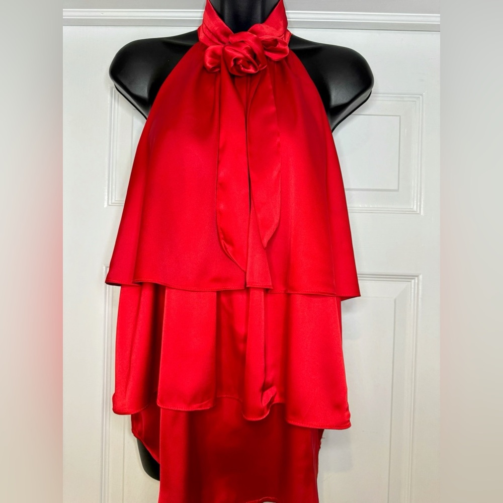 New York & Company Striking Red Satin Tiered Halter Blouse with Rosette Neck Tie